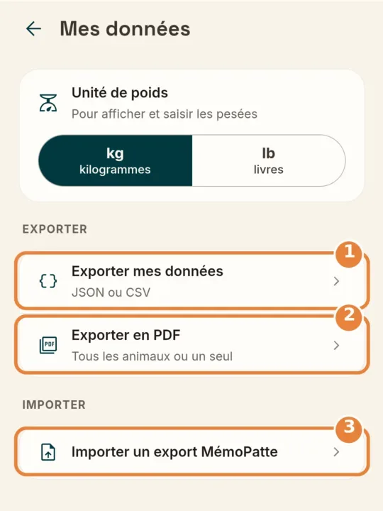 Écran Mes données de MémoPatte