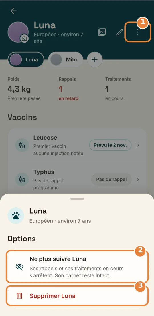 Options d’un animal dans son carnet