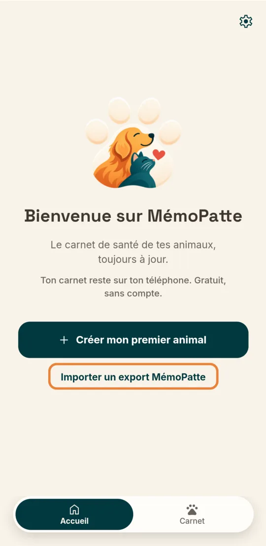 Écran de bienvenue de MémoPatte