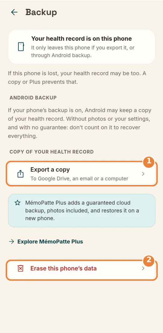 MémoPatte’s Backup screen