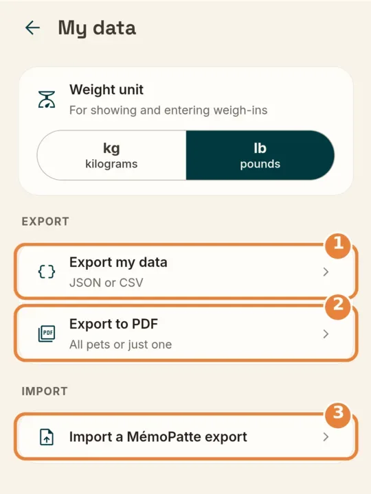 MémoPatte’s My data screen