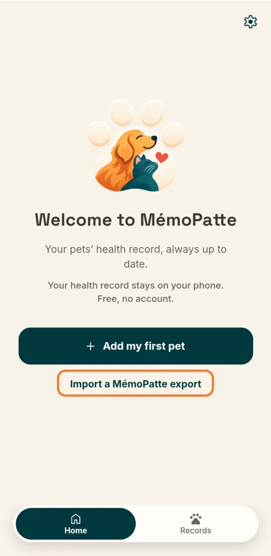 MémoPatte’s welcome screen