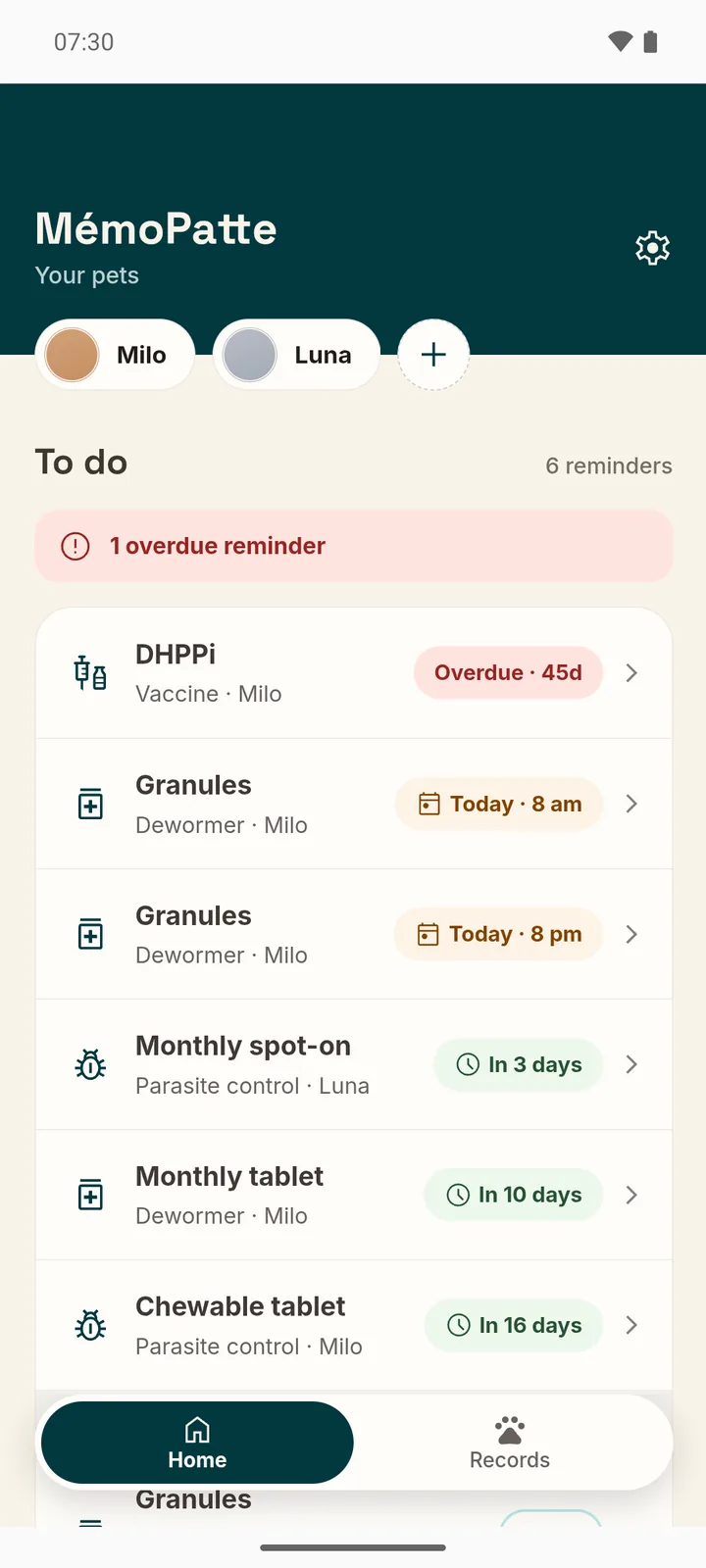 MémoPatte home screen with Milo and Luna: Luna’s monthly spot-on, parasite control, due in 3 days, among the other reminders to do.
