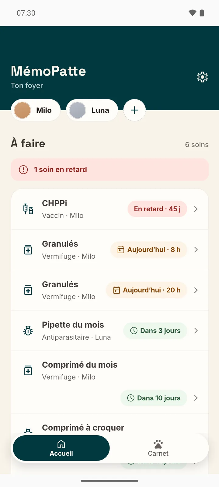Accueil de MémoPatte&nbsp;: le vaccin CHPPi de Milo, en retard, en tête de la liste «&nbsp;À faire&nbsp;», avant les traitements du jour.